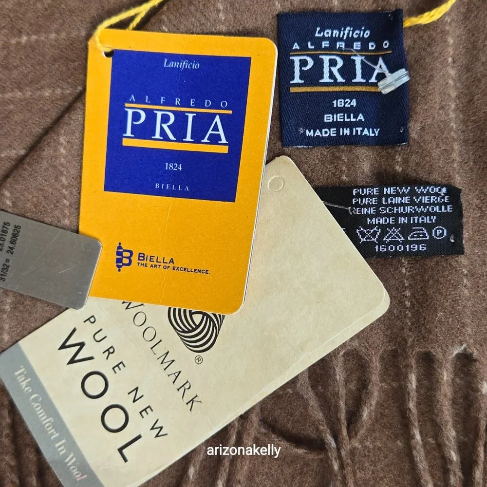 NWT Alfredo Pria Wool Scarf *TINY HOLE* Tan Pinstripe Biella Italy
